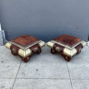 Pair Of Moroccan Style Metal and Leather Ottomans