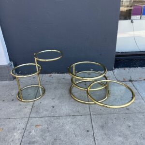 Mid Century Milo Baughman Style Brass and Glass 3 Tier and 2 Tier Swivel Cocktail Table