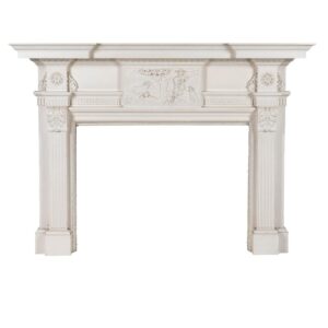 White-Painted Carved Wood Fireplace Surround with Overmantel