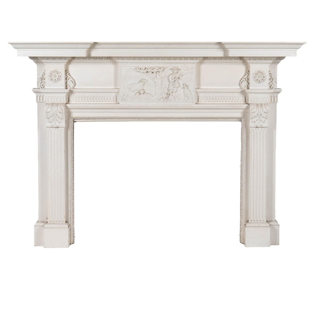 White-Painted Carved Wood Fireplace Surround with Overmantel