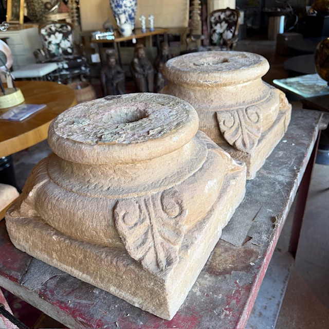 Pair Of Antique Carved Solid Teak Wood Columns With Carved Stone Bases - Image 4