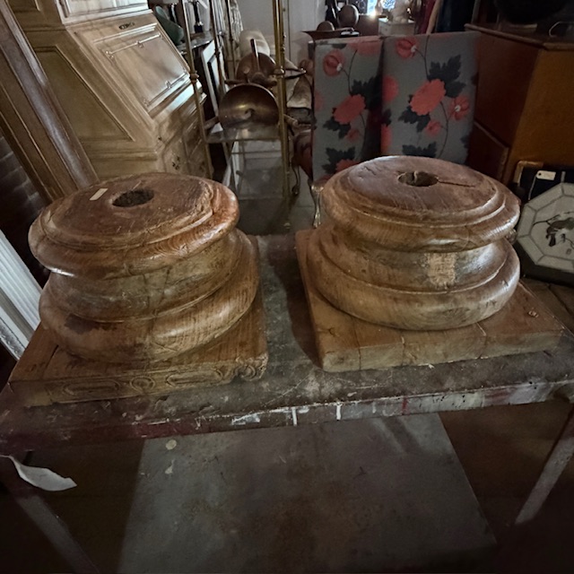 Pair Of Antique Carved Solid Teak Wood Columns With Carved Stone Bases - Image 6