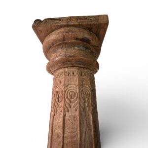 Pair Of Antique Carved Solid Teak Wood Columns With Carved Stone Bases