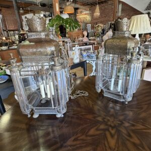 Pair Of Vintage Spanish Tole Brass/Glass Hanging Lanterns
