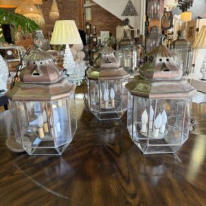 Three Handcrafted Brass/Glass Hanging Lanterns