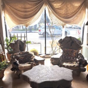 Set Of Burl Wood Chairs and Tree Trunk Table