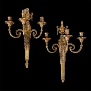 Pair Of Brass Three Light Wall Sconces