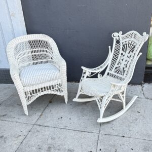 Vintage White painted Wicker Rocker and Chair